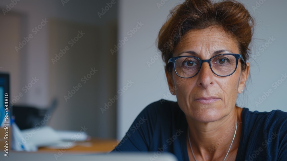 A woman wearing glasses is sitting at a desk with a laptop, businesswoman in the office A woman wearing glasses is sitting at a desk with a laptop, businesswoman in the office