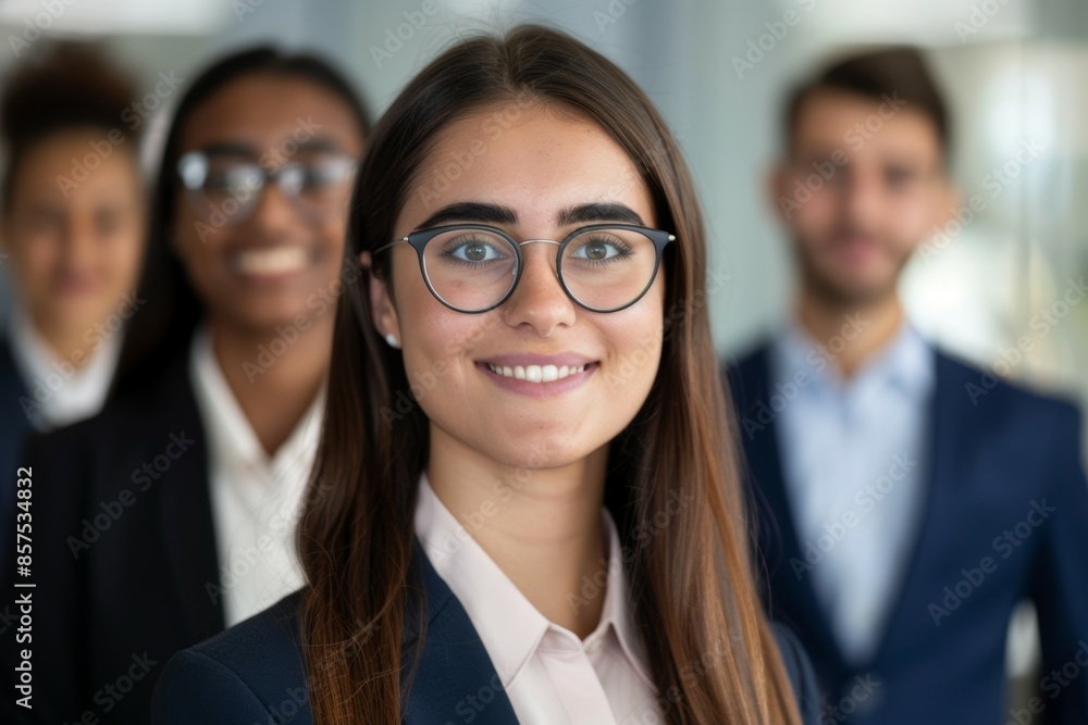 A woman wearing glasses and a suit is smiling for the camera, business team concept A woman wearing glasses and a suit is smiling for the camera, business team concept