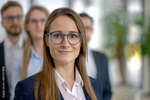 A woman wearing glasses and a suit is smiling for the camera, business team concept