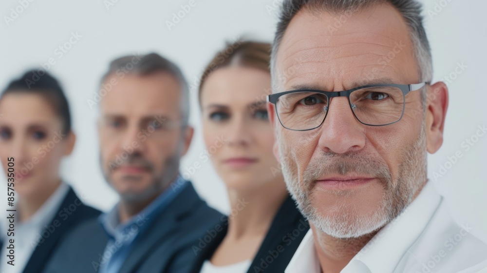 A man with glasses stands in front of three other people, all wearing suits, business team concept A man with glasses stands in front of three other people, all wearing suits, business team concept