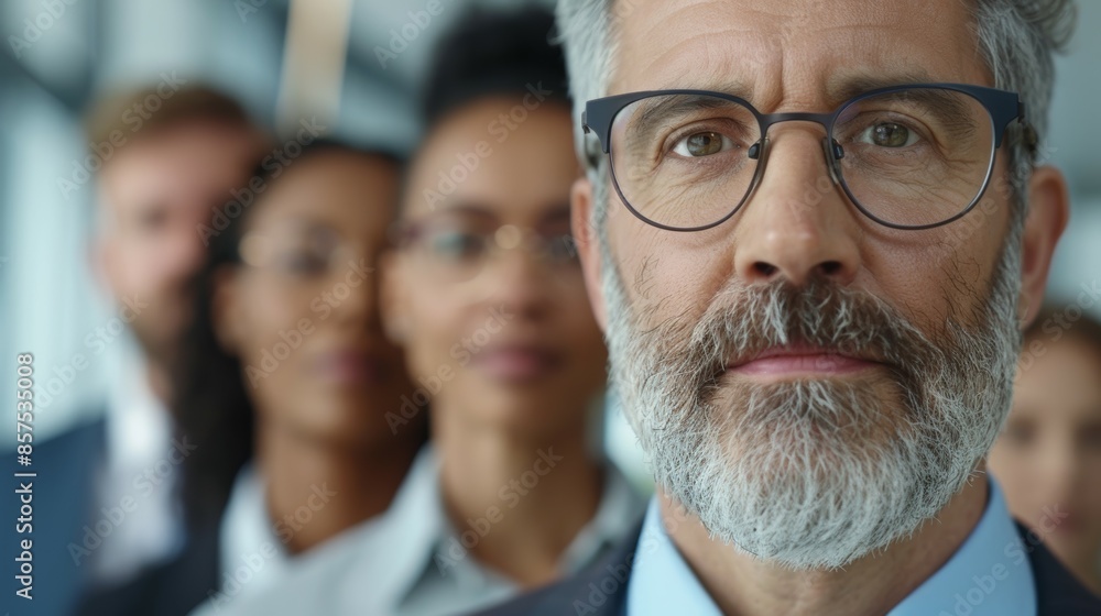 A man with glasses stands in front of a group of people, business team concept A man with glasses stands in front of a group of people, business team concept