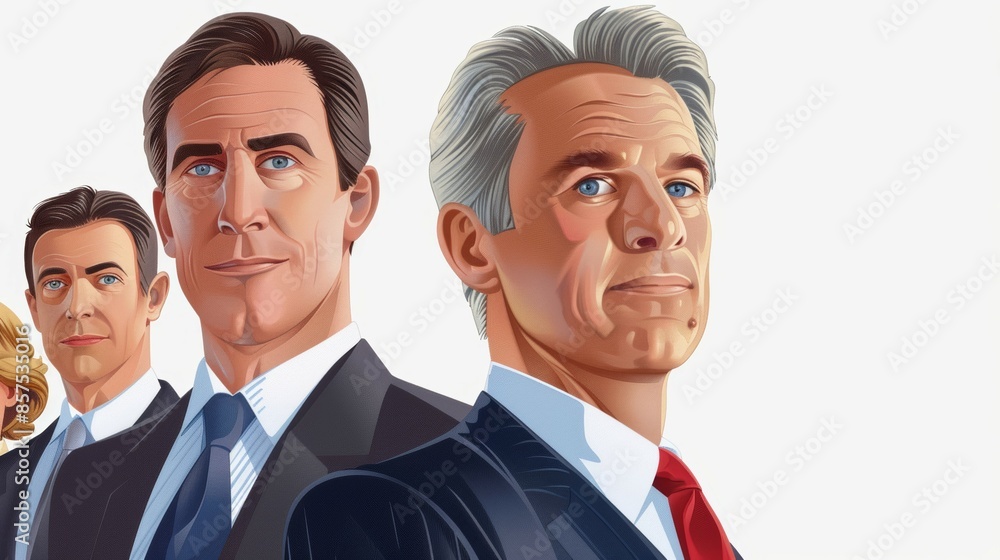 A cartoon of four men in suits and ties, with one of them looking at the camera, business team concept A cartoon of four men in suits and ties, with one of them looking at the camera, business team concept