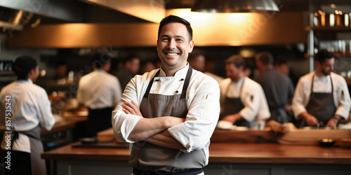 professional chef smile of satisfaction blurred background kitchen restaurant