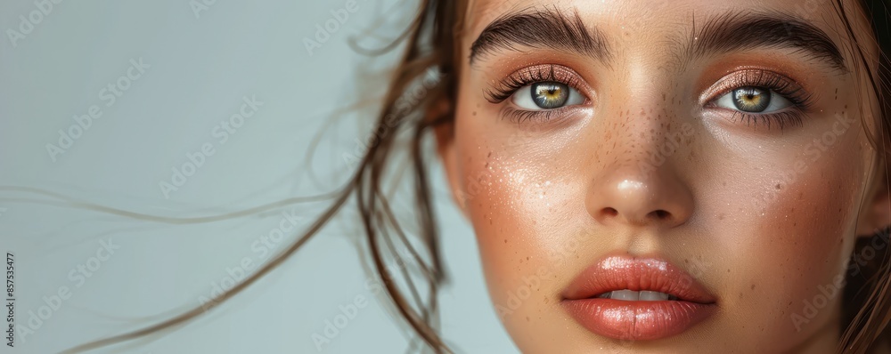 A woman with green eyes and a greenish tint to her hair. She is wearing a black sweater and has a light makeup on. Free copy space for text. A woman with green eyes and a greenish tint to her hair. She is wearing a black sweater and has a light makeup on. Free copy space for text.