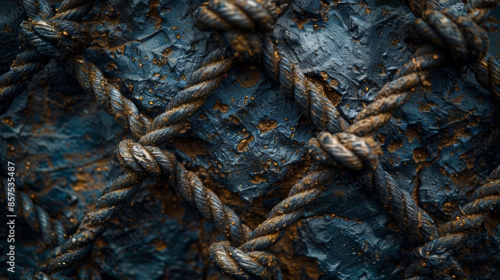 Close-up view of weathered nautical rope knots encrusted with rust, wrapped around a worn and textured black surface, depicting maritime decay over time Close-up view of weathered nautical rope knots encrusted with rust, wrapped around a worn and textured black surface, depicting maritime decay over time