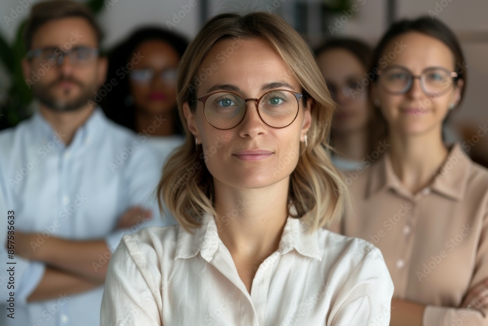 A group of people are standing together, one of them wearing glasses, business team concept A group of people are standing together, one of them wearing glasses, business team concept