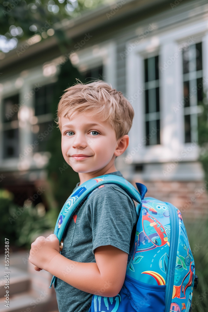 Young boy child with her backpack ready for first day of school Stock ...