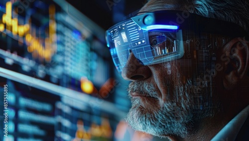 Wallpaper Mural Frame a composition of a businessman using augmented reality glasses to interact with virtual financial charts, showcasing the integration of technology and business analysis. Torontodigital.ca