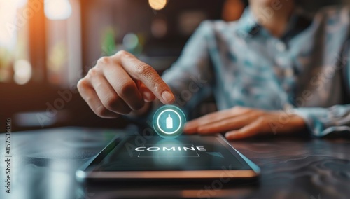 Shoot a high-angle image of a businessman's hand pressing the 'confirm' button on a tablet screen, depicting decision-making and digital transactions.