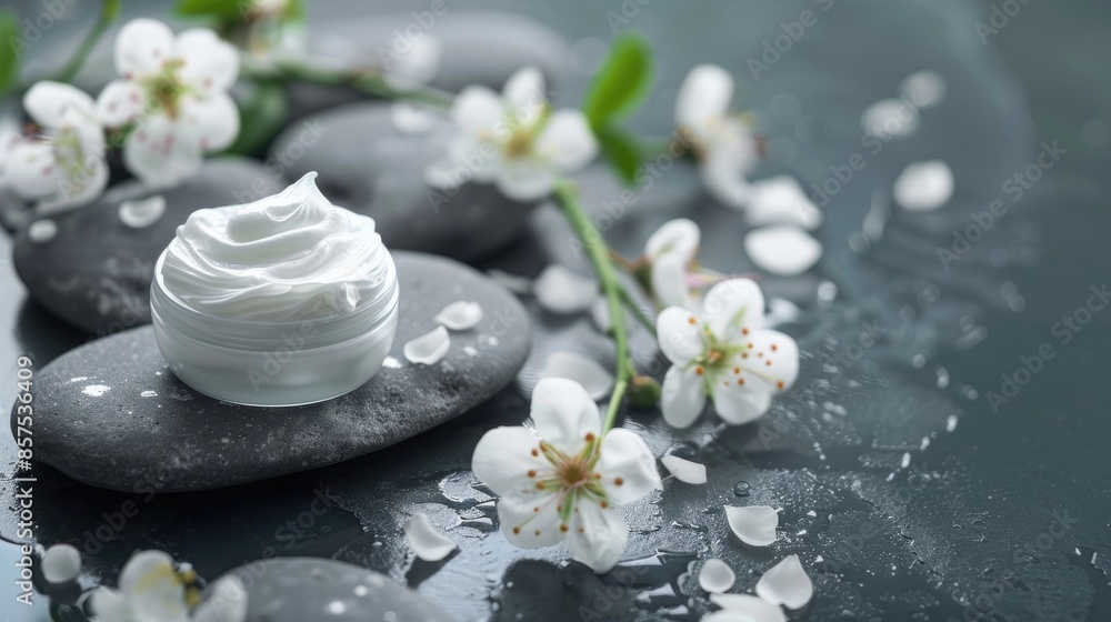 Natural spa beauty skincare products with white cream and flowers on stones Natural spa beauty skincare products with white cream and flowers on stones