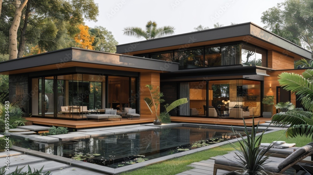 A luxurious modern house with large glass windows, wooden exterior elements, and a serene pool area surrounded by lush greenery and comfortable outdoor seating A luxurious modern house with large glass windows, wooden exterior elements, and a serene pool area surrounded by lush greenery and comfortable outdoor seating