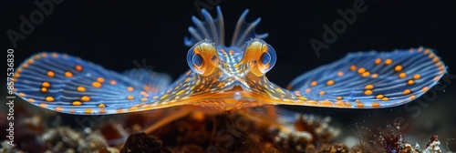 Stunning close-up photograph of a colorful flying gurnard fish showcasing its vibrant orange and blue spotted fins and unique underwater features photo