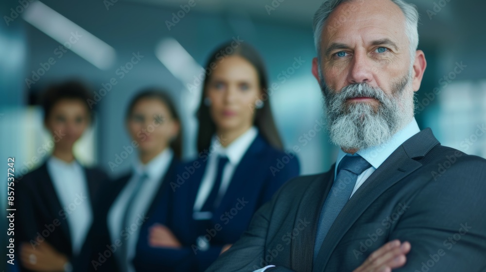 A man with a beard stands in front of four other people in suits, business team concept A man with a beard stands in front of four other people in suits, business team concept