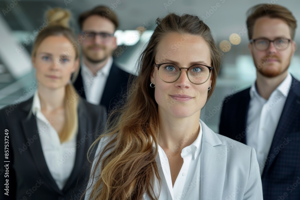 A group of people are standing together, all wearing suits and glasses, business team concept A group of people are standing together, all wearing suits and glasses, business team concept
