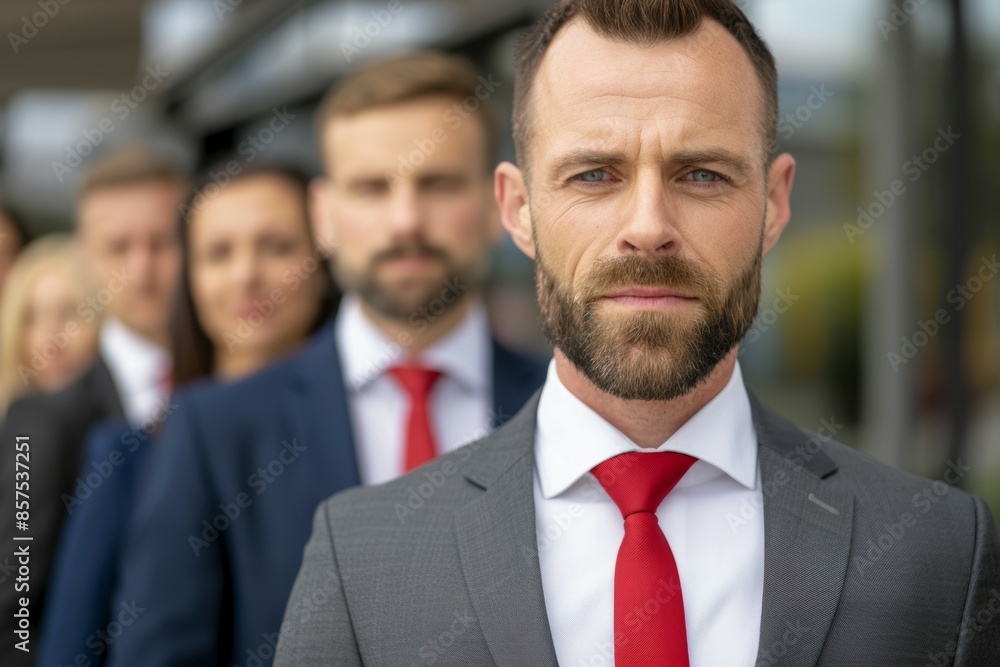 A man with a red tie stands in a line of people, business team concept A man with a red tie stands in a line of people, business team concept