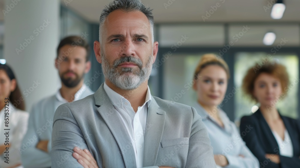 A group of people are standing together in a room, with one man in a gray suit, business team concept A group of people are standing together in a room, with one man in a gray suit, business team concept