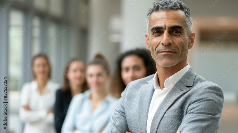 A man in a gray suit stands in front of a group of people, business team concept A man in a gray suit stands in front of a group of people, business team concept