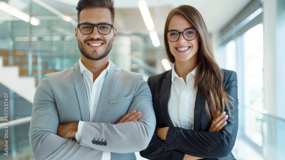 A man and a woman are posing for a picture in a business setting, business team concept A man and a woman are posing for a picture in a business setting, business team concept