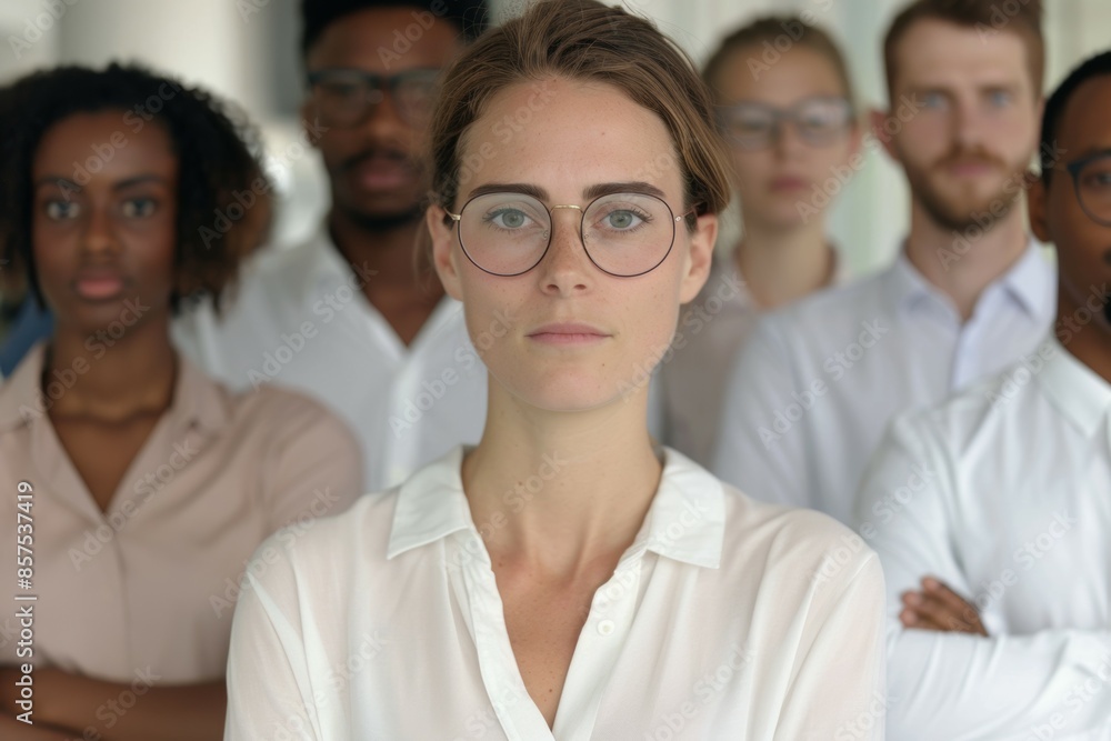 A group of people are standing together, one of them wearing glasses, business team concept A group of people are standing together, one of them wearing glasses, business team concept