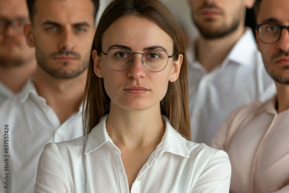A woman with glasses stands in front of a group of people, business team concept A woman with glasses stands in front of a group of people, business team concept