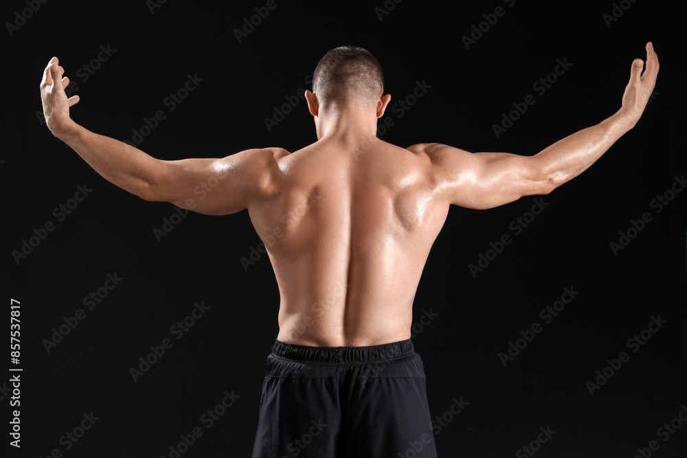Male bodybuilder on dark background, back view Male bodybuilder on dark background, back view