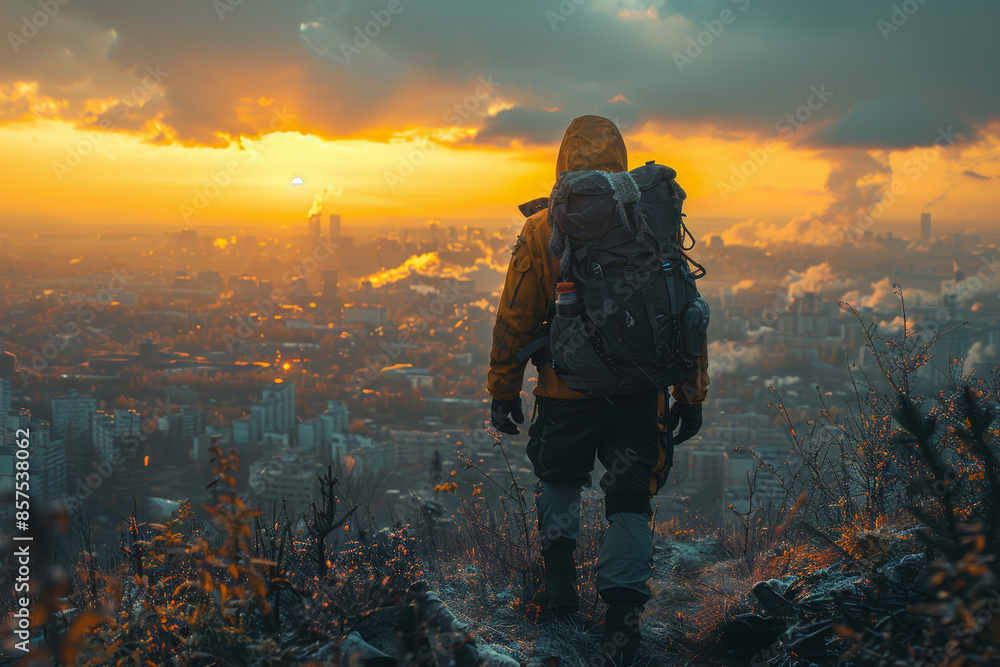 A solitary survivor scavenging for supplies, highlighting human resilience. Concept of survival and resourcefulness. Generative Ai. A solitary survivor scavenging for supplies, highlighting human resilience. Concept of survival and resourcefulness. Generative Ai.