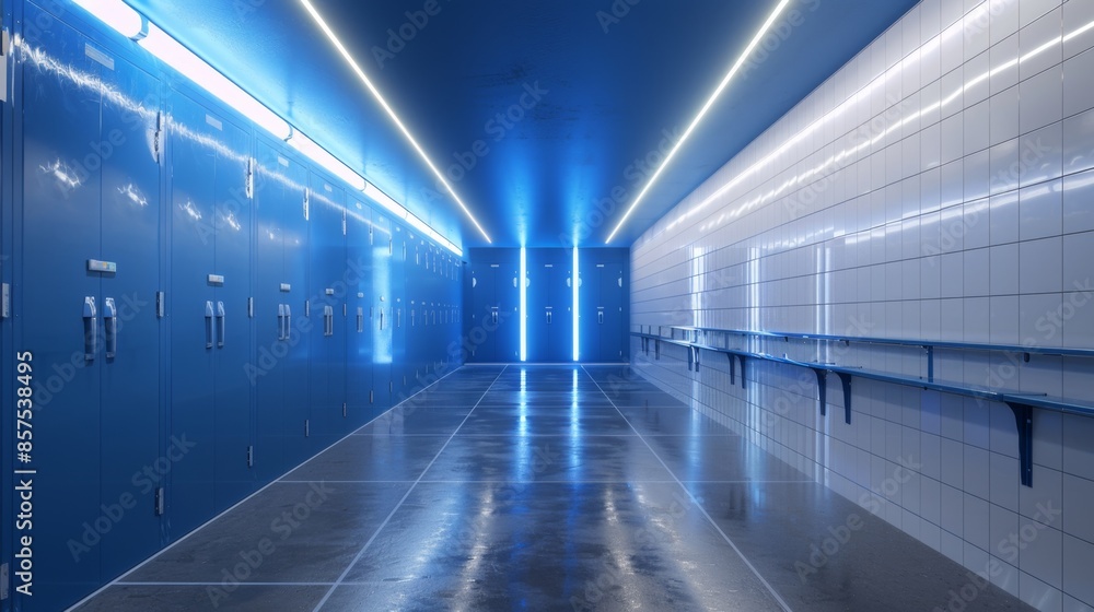 Modern High-Tech Locker Room with Blue Lighting, Generative AI Modern High-Tech Locker Room with Blue Lighting, Generative AI