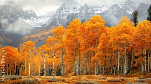 Stunning landscape of golden leaf aspen trees in an inviting scenic fall setting with seasonal colors and snowy mountains in the background. Extra space for text copy. © Andrea