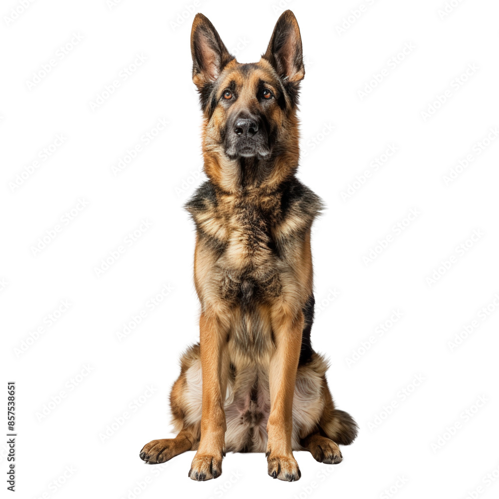 German Shepherd dog sitting in an alert position. The image captures the regal and protective nature of this popular breed with a focused expression. German Shepherd dog sitting in an alert position. The image captures the regal and protective nature of this popular breed with a focused expression.