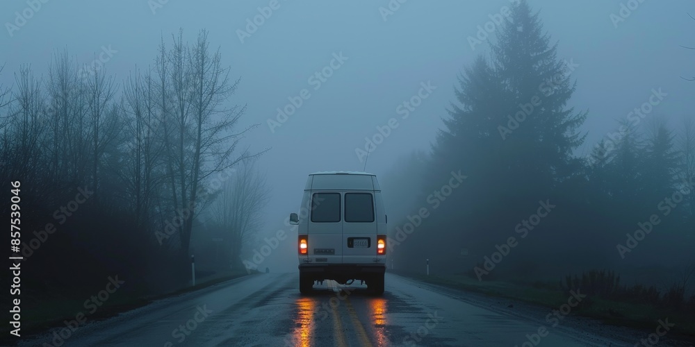 The lonely van drives through the foggy forest The lonely van drives through the foggy forest