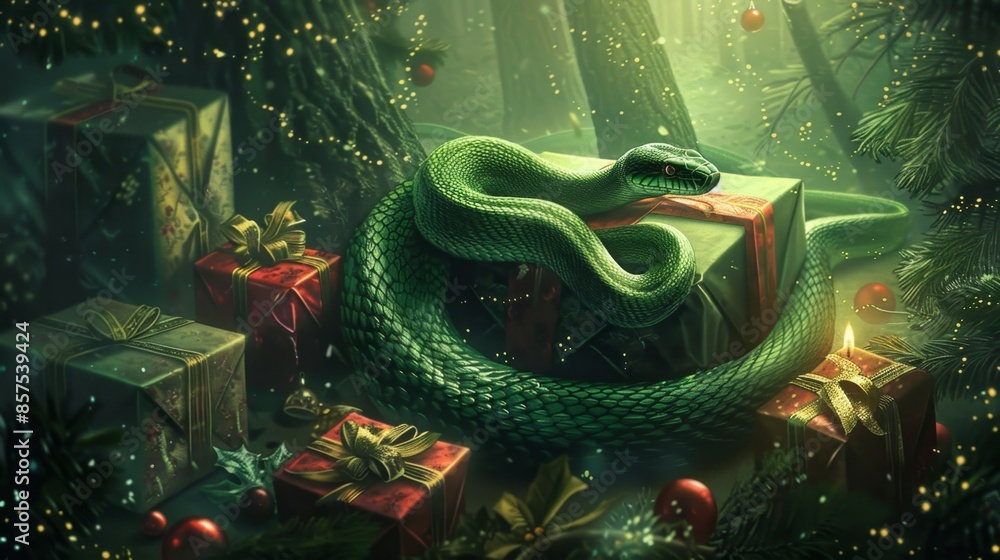 Fototapeta premium Enchanting Christmas Snake in a Festive Forest Setting - Generative AI