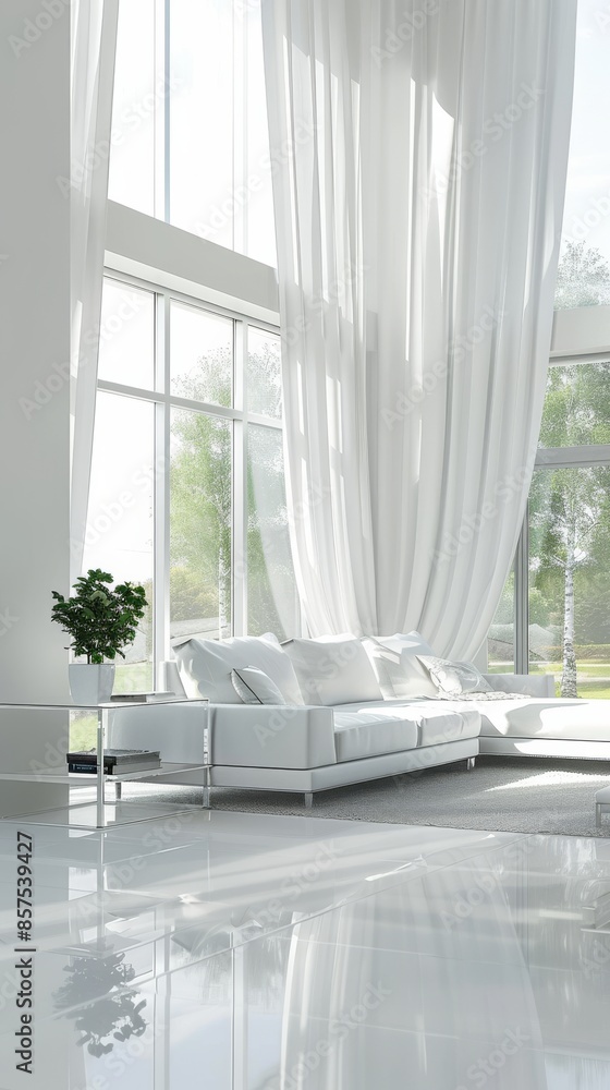Fototapeta premium Modern white living room with large windows and potted plant, minimalist interior design concept