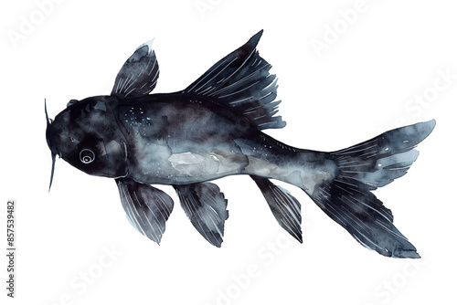 Watercolor fish painted in dark shades swimming in a white background, aquaculture art concept photo