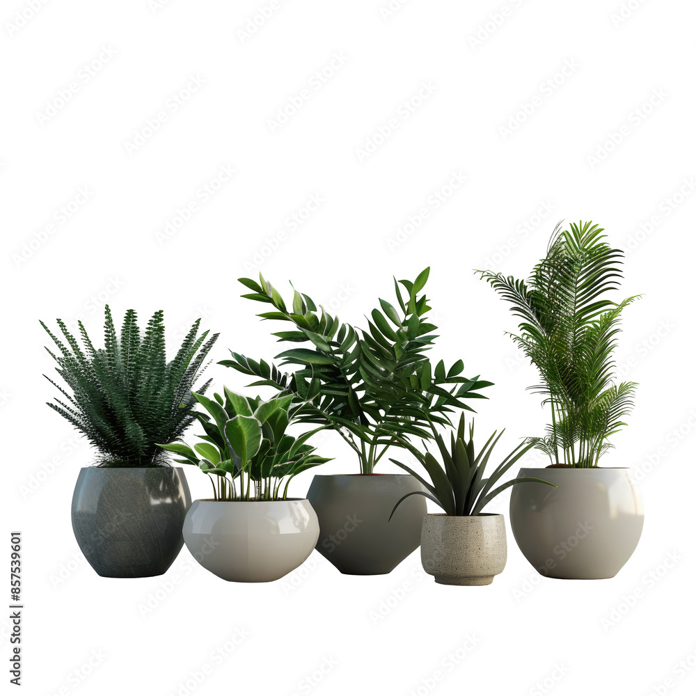 Obraz premium Collection of fake plants in pots on a transparent background. Design for a banner