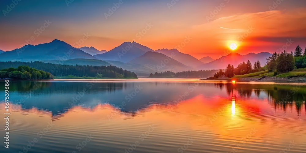 Tranquil landscape of a lake with red sun setting behind mountains, serene, solitude, peaceful, nature, reflection, scenic, calm, serene, tranquil, sunset, mountains, lake, red sun, beauty Tranquil landscape of a lake with red sun setting behind mountains, serene, solitude, peaceful, nature, reflection, scenic, calm, serene, tranquil, sunset, mountains, lake, red sun, beauty