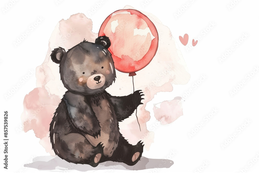 Fototapeta premium Cute watercolor bear holding a red balloon, children illustration concept