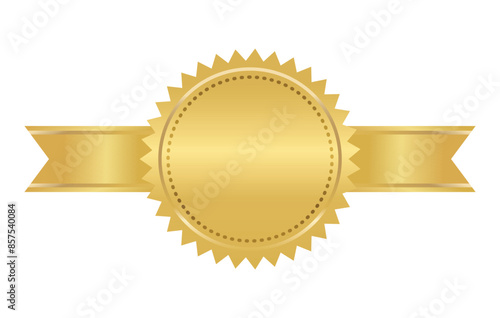 Golden seal with horizontal ribbons isolated on white background vector illustration. Gold award medal, Golden stamp with ribbons isolated on white. Luxury seal. Winner, Trophy, Top Quality concept.