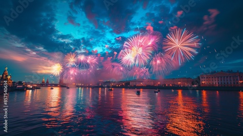 White Nights Festival in Saint Petersburg with stunning fireworks, classical performances, and vibrant night scenes, capturing the magical atmosphere photo