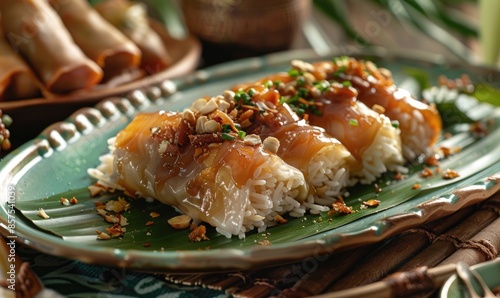 Filipino suman with coconut caramel on a pastel green plate photo