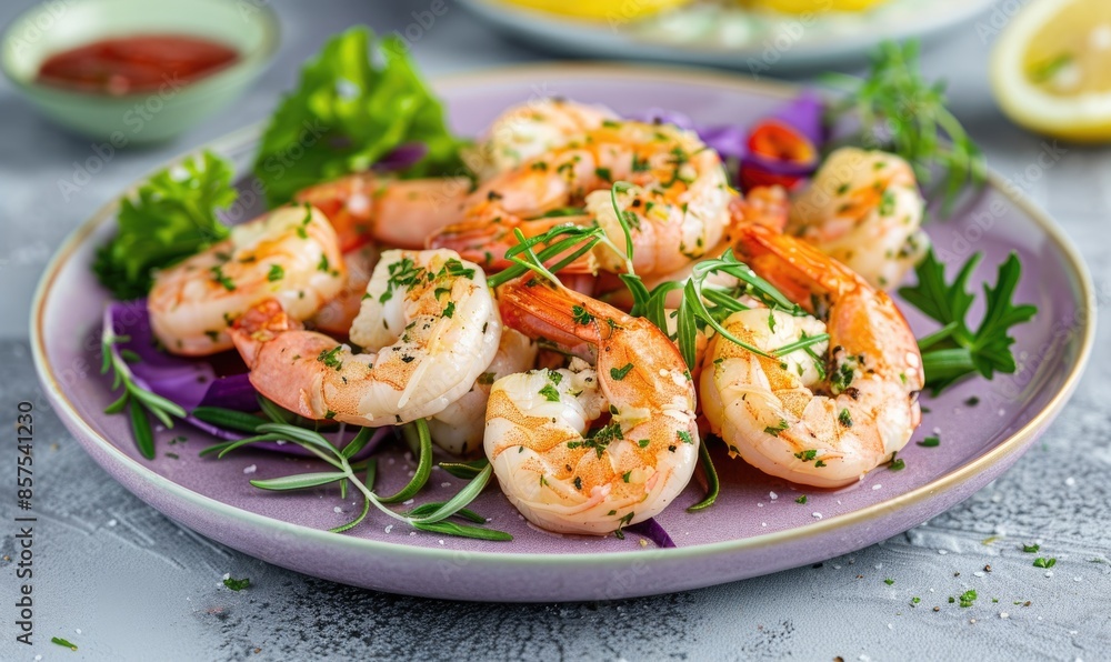 Garlic and herb shrimp on a pastel purple plate Garlic and herb shrimp on a pastel purple plate