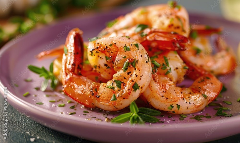Garlic and herb shrimp on a pastel purple plate Garlic and herb shrimp on a pastel purple plate