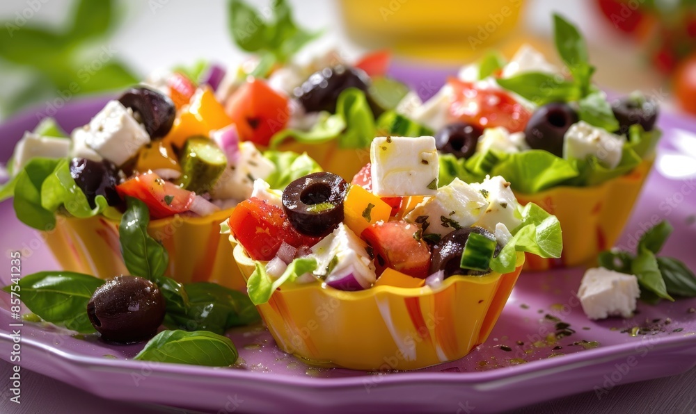 Greek salad cups with olives and feta on a pastel purple plate Greek salad cups with olives and feta on a pastel purple plate