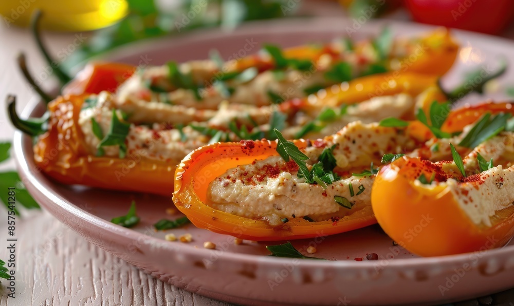 Hummus-stuffed mini peppers on a pastel pink plate Hummus-stuffed mini peppers on a pastel pink plate