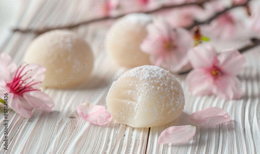 Japanese sakura mochi on a light wooden background Japanese sakura mochi on a light wooden background