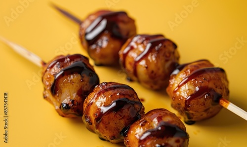 Japanese dango with sweet soy sauce on a light yellow background photo