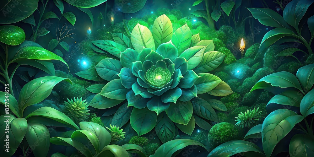 Big green blossom surrounded by lush leafy foliage on a dark background, nature, flora, green, vibrant, vibrant, bright, colorful, botanical, fresh, bloom, blossom, spring, plant, growth Big green blossom surrounded by lush leafy foliage on a dark background, nature, flora, green, vibrant, vibrant, bright, colorful, botanical, fresh, bloom, blossom, spring, plant, growth