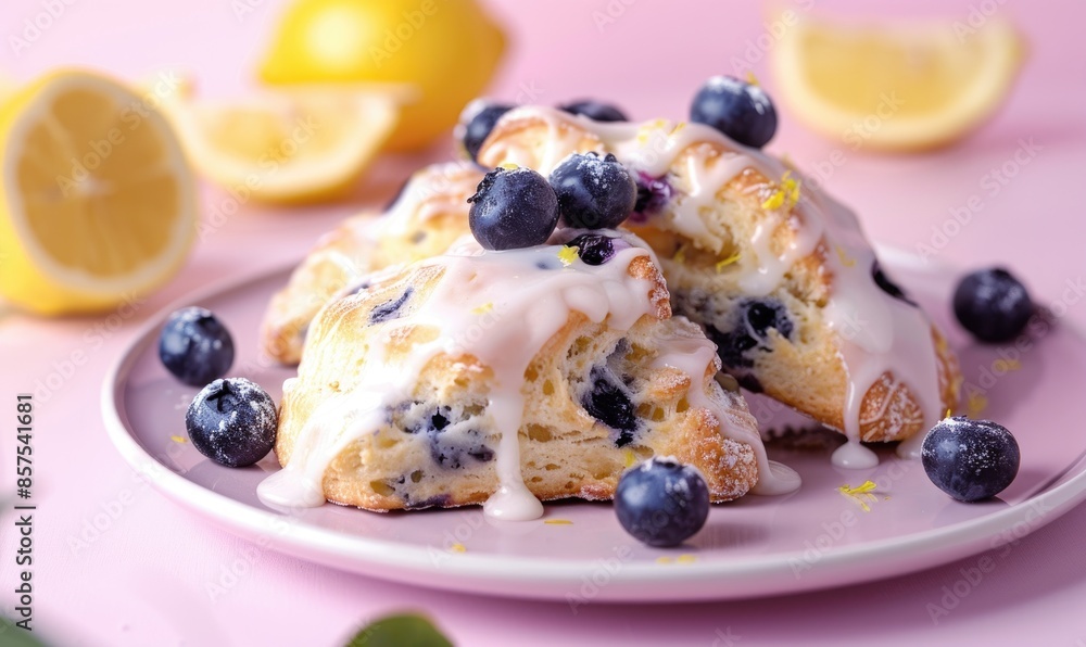Lemon and blueberry scones with glaze on a pastel pink plate Lemon and blueberry scones with glaze on a pastel pink plate
