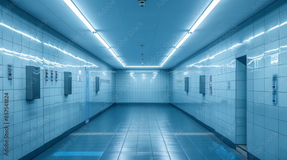 Modern Industrial Hallway with Blue Lighting, Generative AI
