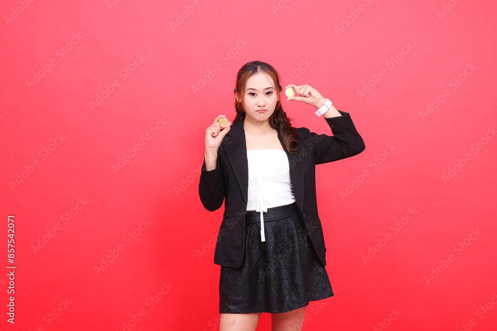 gesture of young asian woman sullen office wear black formal suit both hands holding crypto bitcoin, for financial content, business, advertising, investment