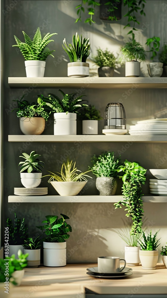 Various potted plants on wooden shelves in a sunlit room, cozy indoor gardening concept Various potted plants on wooden shelves in a sunlit room, cozy indoor gardening concept